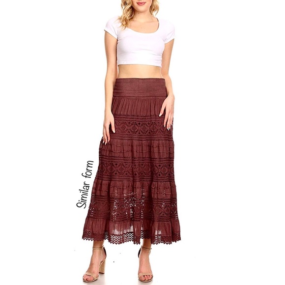 BEBE⚡️Chocolate Brown Lace Tier Boho Skirt_XS - Picture 1 of 9
